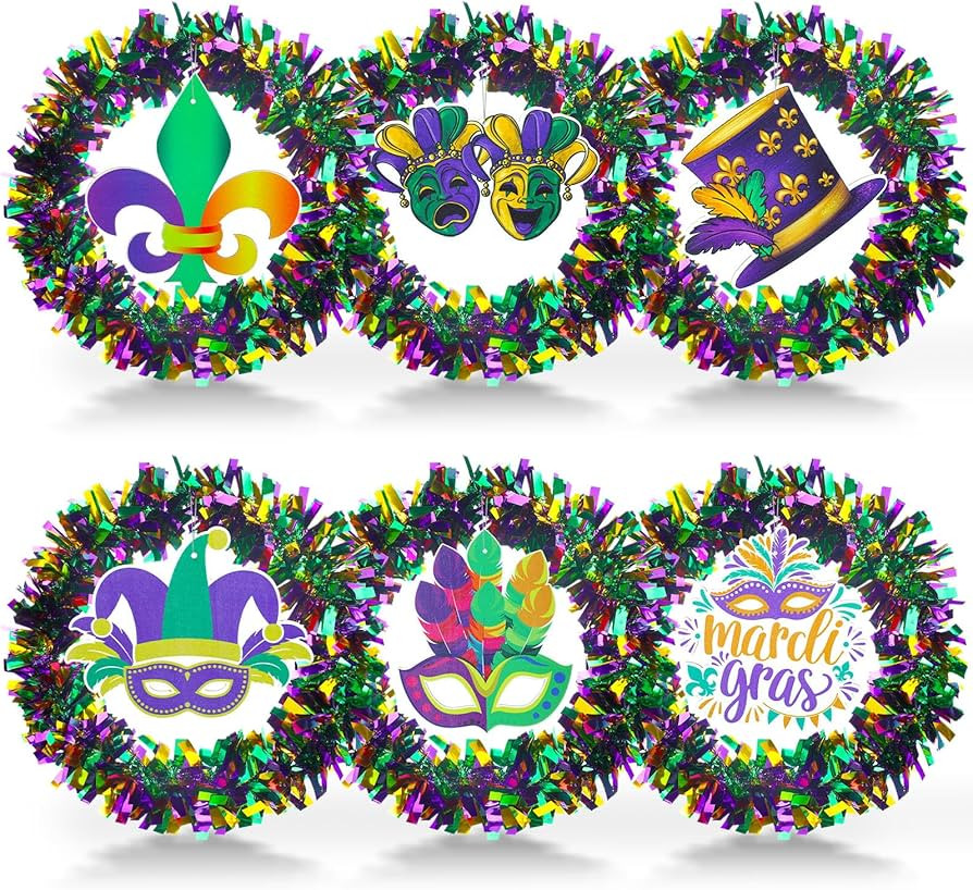 6 Sets 12 Inch Mardi Gras Wreath for Front Door Decorations Purple Green and Gold Tinsel Carnival... | Amazon (US)