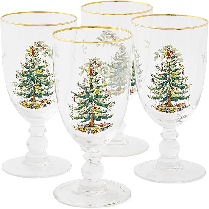 Spode Christmas Tree Gold 16oz Pedestal Goblets (Set of 4) - Gold Rimmed Glasses, Festive Holiday... | Amazon (US)