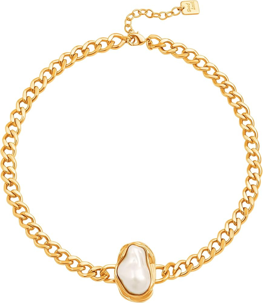 18k Gold Plated Chain Link Necklace for Women, Baroque Pearl/Compass Pendant Necklace | Amazon (US)