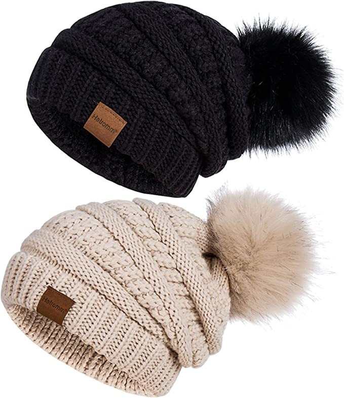 Beanies Women with Pom, Winter Hats for Women with Thick Warm Fleece Lining Cold Weather, Beanie ... | Amazon (US)