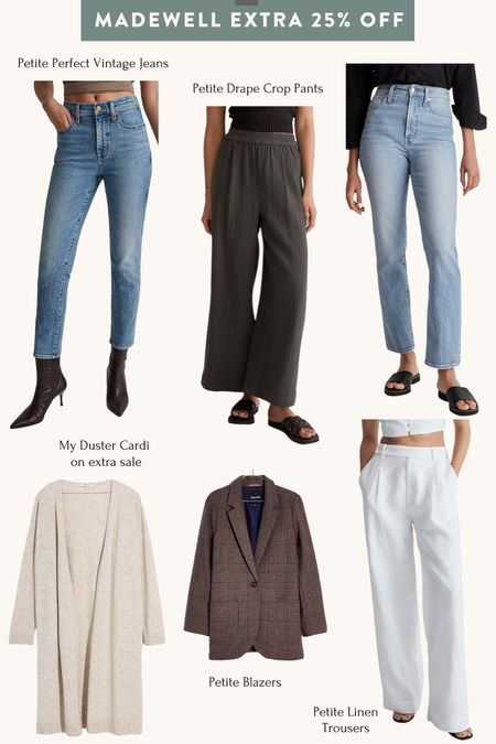 Madewell sale: 25% off for insiders (free to sign up) and stacks on top of sale items too!

One of the few times a year their perfect vintage jeans go on sale. Here’s a few items I’m eying available in petite sizing. I typically size 1 whole size down at the waist for their denim.

I own the waffle shirt jacket and the long cardigan in xxs regular and it’s an oversized duster fit on me. I also own the grey perfect vintage jeans Lunar wash in 23 petite .

#LTKunder100 #LTKstyletip #LTKsalealert