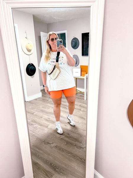 Colorful bike shorts with a graphic tee - I would pick this fit over any other all spring and summer long. Styled with my Adidas Sambas and this cute cross body bag. This was a perfect travel day outfit. 

Bike shorts outfit 
Plus size bike shorts outfit 
Plus size spring outfit 
Plus size summer outfit 
Plus size activewear 
Plus size athleisure 

#LTKPlusSize #LTKActive #LTKOver40