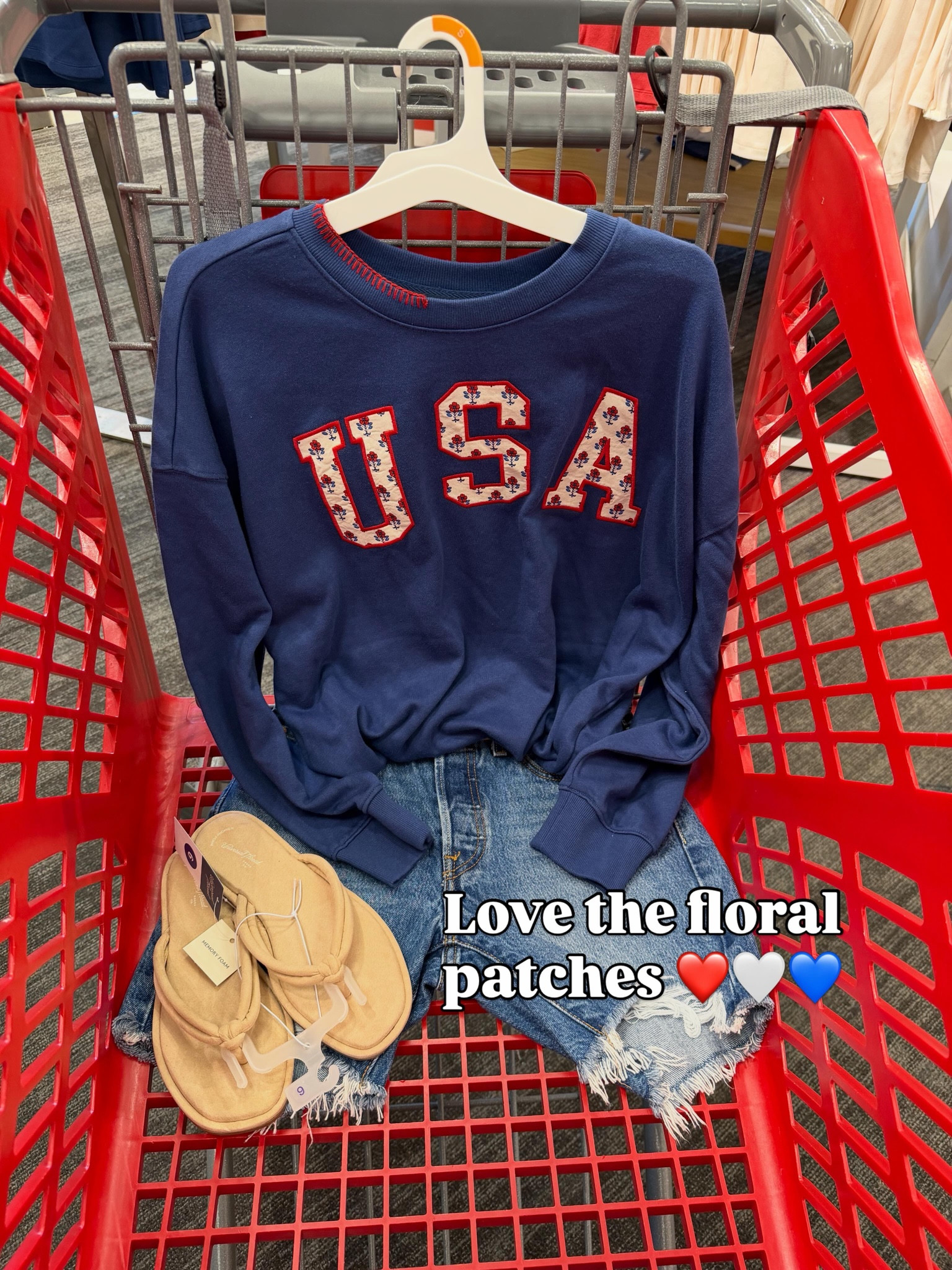 Target USA sweatshirt, love how they did the letters as floral fabric patches. I’ll link more finds from the Americana drop! #targetstyle