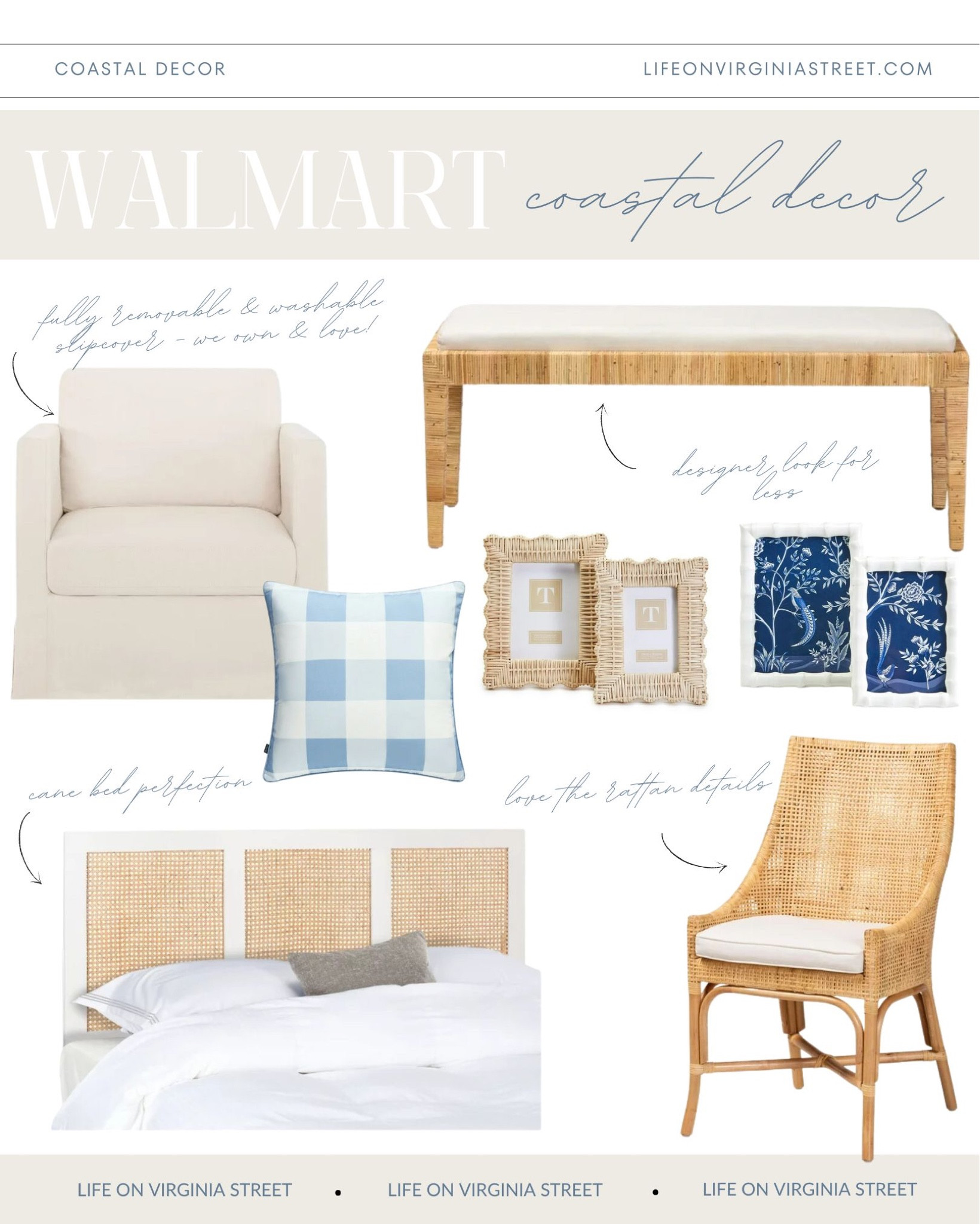I want one of all of these new coastal home decor finds from @walmart! #walmartpartner I love everything from the slipcovered swivel armchair, rattan bench, cane headboard, rattan chair, light blue buffalo check throw pillow, cute frames and so much more! See more finds here: https://lifeonvirginiastreet.com/walmart-coastal-home-decor/.
.
#walmarthome #walmart #ltkhome #ltkfindsunder50 #ltkfindsunder100 #ltkstyletip #ltkseasonal coastal decorating, grandmillennial decor finds, coastal grand decor

#LTKSeasonal #LTKhome #LTKfindsunder50