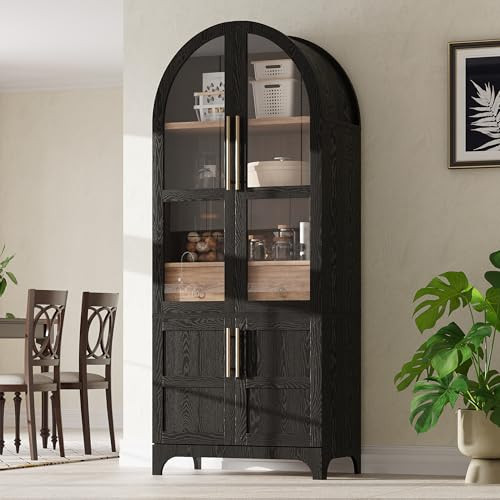 PUNCTN 71" Tall Arched Kitchen Pantry Cabinet with Door Shelves, Farmhouse Kitchen Storage Cabinet with Open & Adjustable Shelves, Hidden Drawer & Glass Door, Cupboard for Kitchen, Dining Room, Black | Amazon (US)