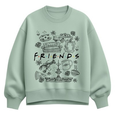 Women's Friends Sketchy Icon Collage Oversized Fleece Crew Sweatshirt - Seafoam - 2 X-Large | Target