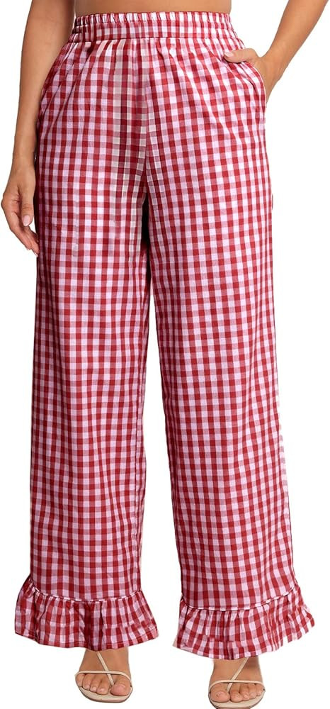 COZYPOIN Women's Gingham Pants Cotton Plaid Ruffle Hem Lounge Boxer Pant Y2K Pj Bottoms Casual Wi... | Amazon (US)