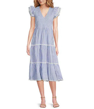 SAIL to SABLE Woven Stripe Print V-Neck Flutter Sleeve Tiered Dress | Dillard's | Dillard's