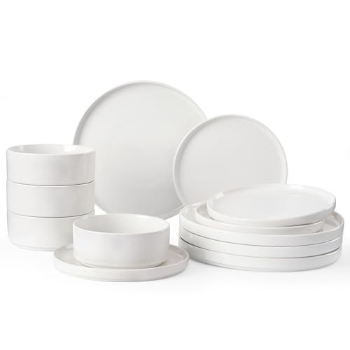 Famiware Nebula Plates and Bowls Set, 12 Pieces Dinnerware Sets, Dishes Set for 4, White | Amazon (US)