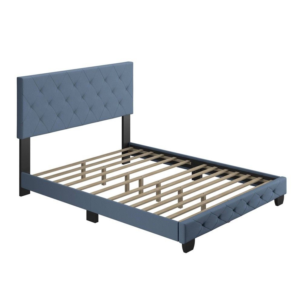 Full Reese Button Tufted Linen Upholstered Platform Bed Frame Blue - Eco Dream | Target