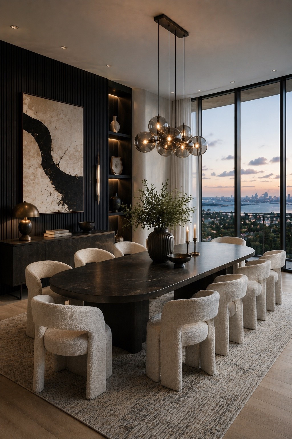 Elevate your dining room with a bold black dining table, sculptural bouclé chairs, dramatic smoked glass pendant lighting, and custom black built-ins. Layered textures, oversized abstract artwork, and panoramic sunset views create a sophisticated modern interior inspired by luxury penthouses and designer homes.

#diningroomdesign #blackdiningroom #luxurydiningroom #moderninteriors #luxuryinteriors #diningroomdecor #blackandwhiteinterior #interiordesign #designerhome #modernhome #homedecor #statementlighting #neutralhome #diningroominspo #homeinspiration #interiorinspiration #ltkhome #amazonhome #modernluxury #highendinteriors