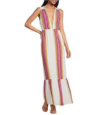 ELAN Stripe Deep V-Neck Sleeveless Tie Back Ruffle Hem Maxi Dress - XL | Dillard's