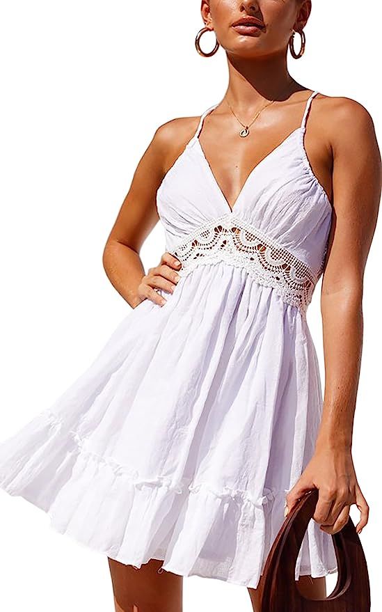 ECOWISH Womens V-Neck Spaghetti Strap Bowknot Backless Sleeveless Lace Mini Swing Skater Dress | Amazon (US)