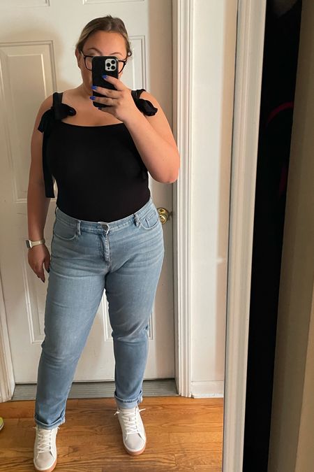 Amazon casual outfit
Spring summer fashion
Bodysuit high waist jeans
Straight leg
Athletic sneakers
Jeans are size 14
Bodysuit size XL (able to wear a bra)
Sneakers are size 9 


#LTKmidsize #LTKfindsunder100 #LTKstyletip