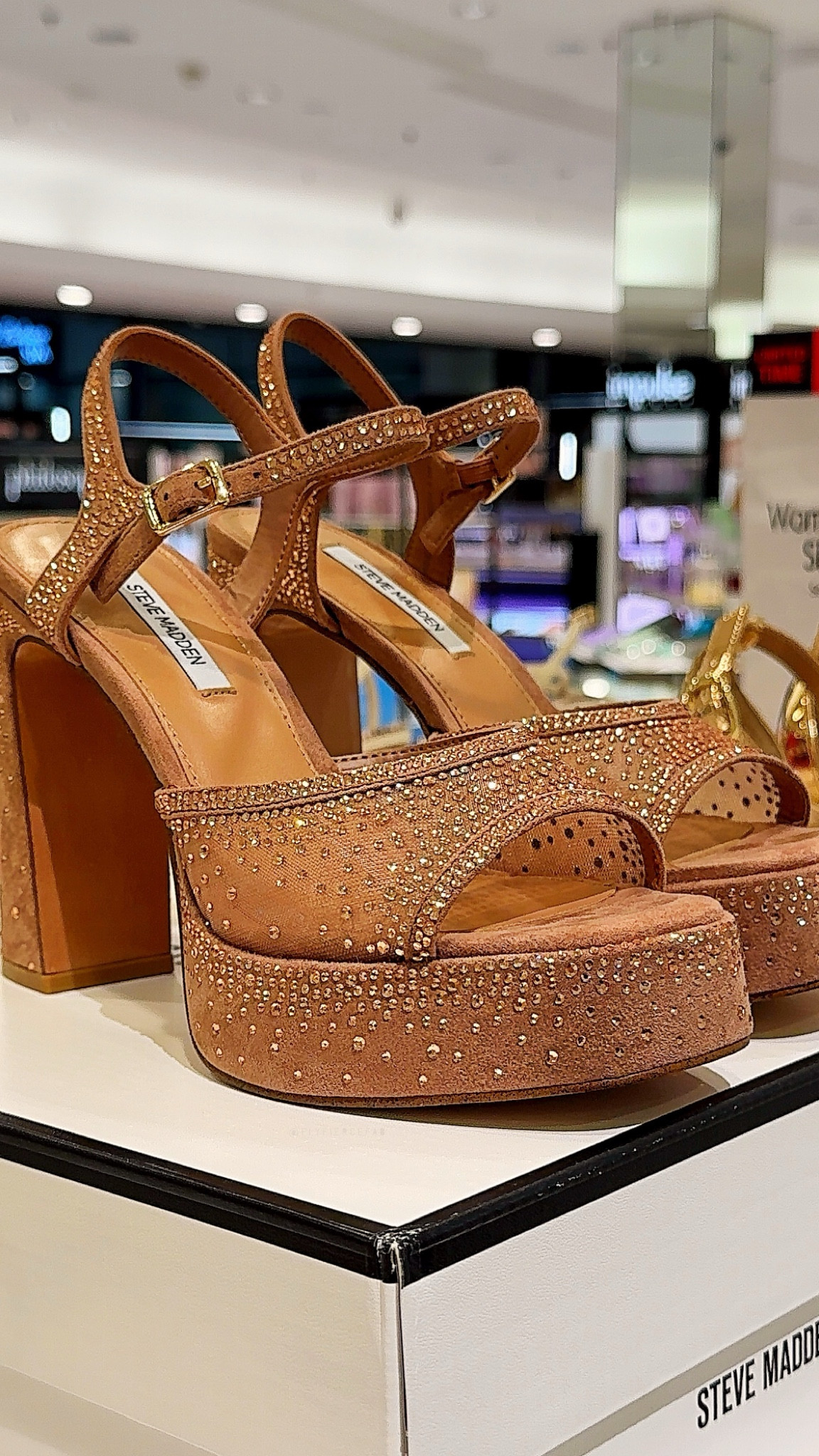 These nude rhinestone sandals by Steve Madden are so cute for summer! ✨ They'd go with just about any outfit, and the rhinestones help elevate your look. 

If you're looking for some sandals for your vacation outfits to dress up your going out outfits, I'd definitely grab these. 

You can dance the night away in them thanks to their thick platform (which will make them more comfortable), and easily style them for special events too (wedding guest outfits, date night outfits, etc.). Girl math! lol 

 