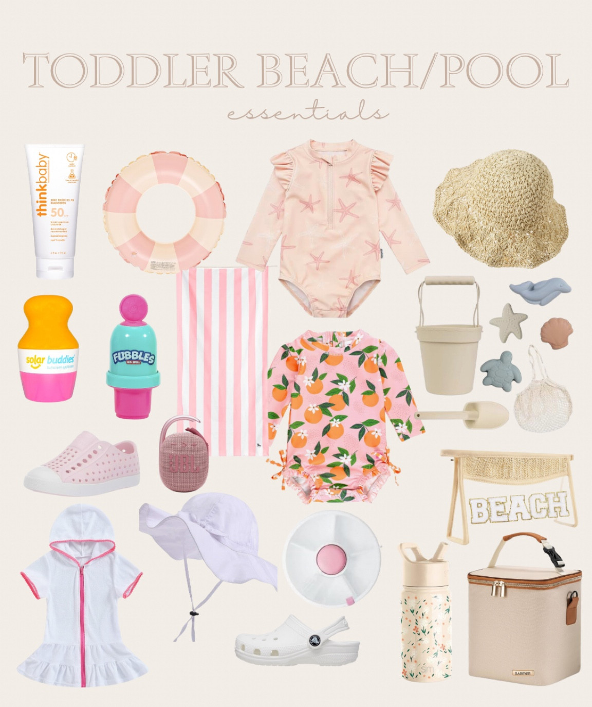Toddler beach essential 
Toddler pool essentials 
Baby cooler 
Baby sand toys 
Toddler snack 
Sunscreen applicator 
Travel bubbles 
Toddler water shoes 
Amazon finds 

#LTKkids #LTKswim #LTKtravel