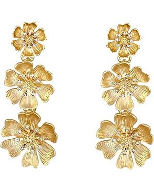 Laura Ashley Womens Jewelry Gold and Silver Triple Flower Drop Floral Dangle Earrings with Crysta... | Amazon (US)