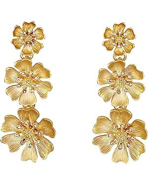 Laura Ashley Womens Jewelry Gold and Silver Triple Flower Drop Floral Dangle Earrings with Crysta... | Amazon (US)
