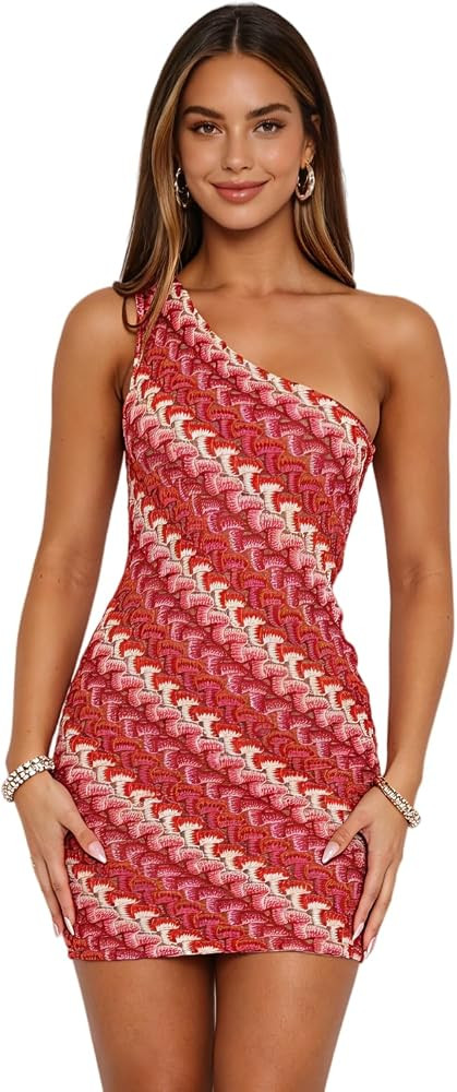 ZGMYC Women\u2018s Sexy One Shoulder Mini Dress Striped Crochet Vacation Dress Sleeveless Bodycon... | Amazon (US)