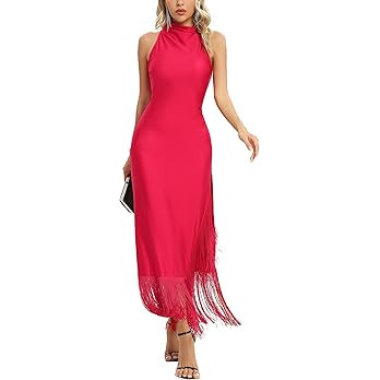 Aigeman Women Vintage Flapper Dresses 1920s Great Gatsby Halter Fringed Maxi Dress Tassels High S... | Amazon (US)