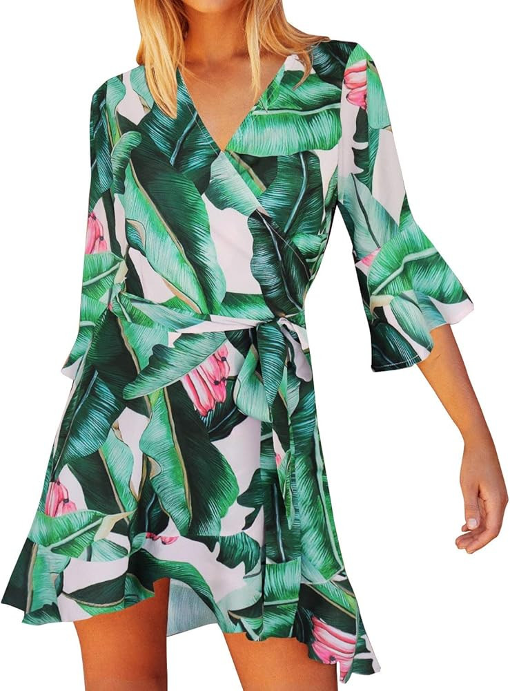 FANCYINN Women's Wrap Short Dress Summer Floral V Neck Ruffle Hem Bell Sleeve Tie Waist Swing Min... | Amazon (US)