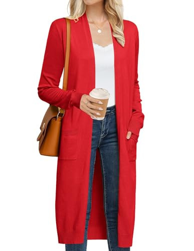 GRACE KARIN Long Cardigan for Women Red Coatigan Maxi Christmas Cardigan Sweater Outwear with Pockets(Red,2XL) | Amazon (US)