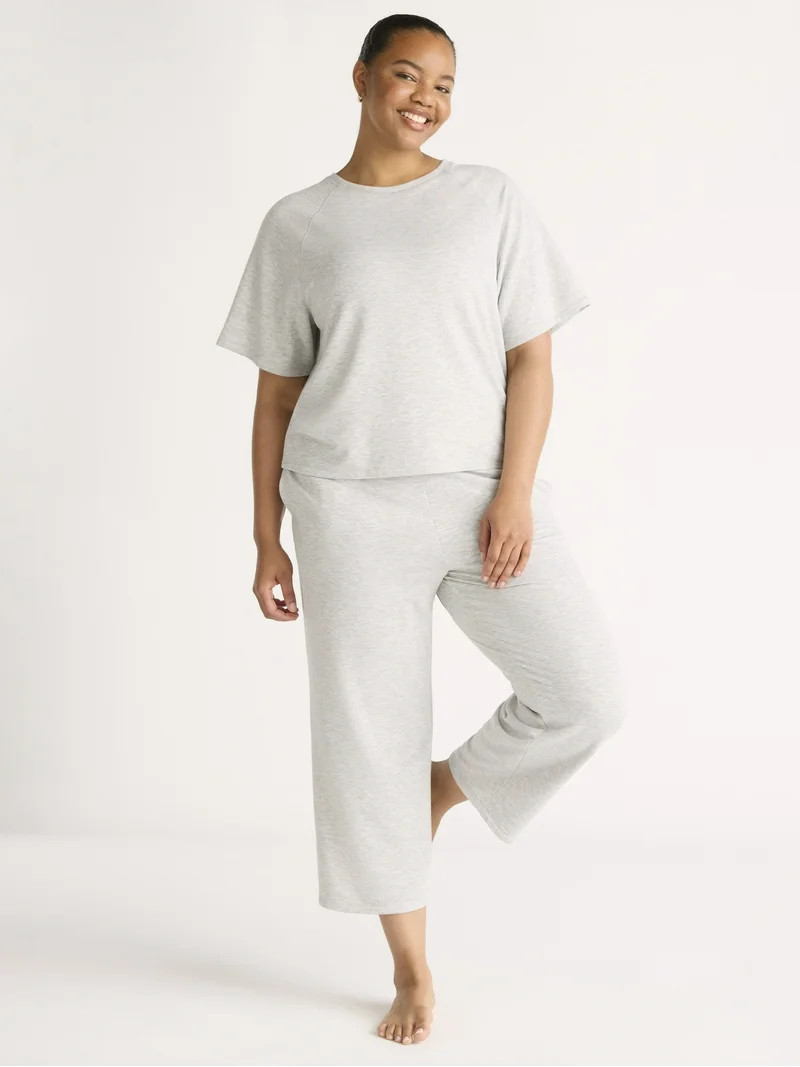 Joyspun Women's French Terry Short Sleeve Top and Capri Pants Pajama Set, 2-Piece, Sizes XS-3X | Walmart (US)