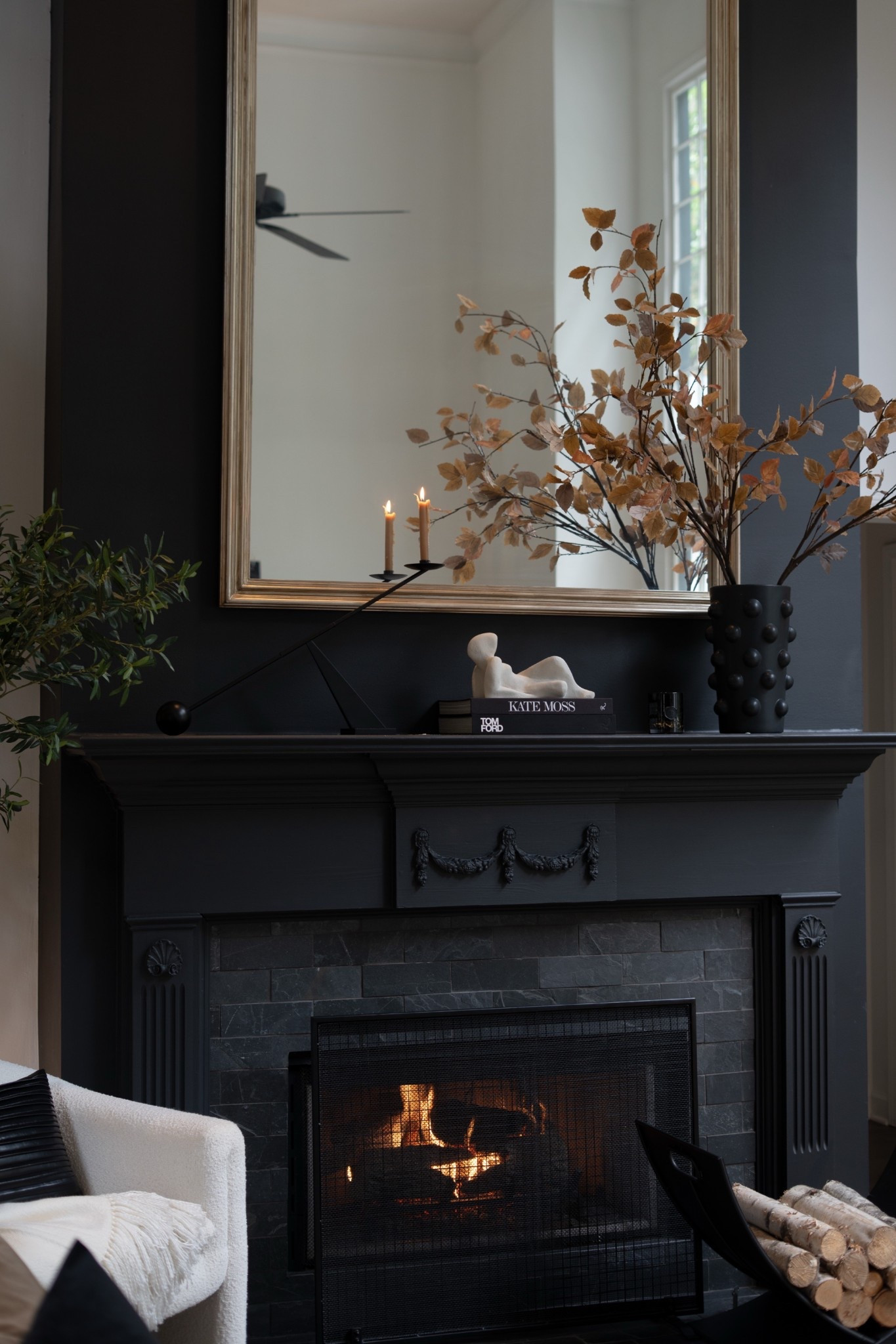 Eeeekkk! My home has never felt so cozy and chic! The black fireplace makes such a bold statement, and with the glowing fire, modern decor, and stunning faux stems styled on the mantle, the whole vibe feels elevated and warm. Ahhh! Every detail ties together perfectly. I’m completely obsessed with how stylish and cozy everything feels right now!

#LTKStyleTip #LTKHome #LTKSeasonal