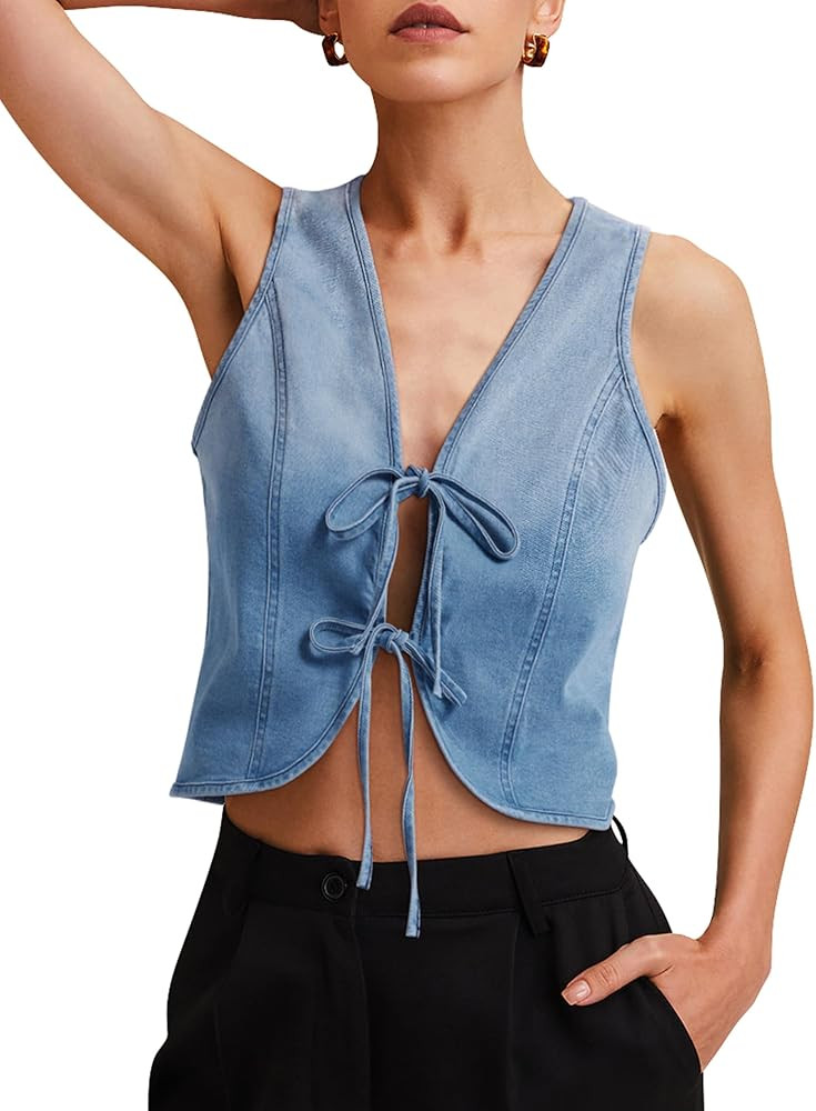 Womens Denim Vest Crop Sleeveless V Neck Denim Top Y2K Retro Streetwear Tie Up Front Jean Vest | Amazon (US)