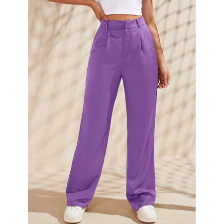 Women s High Waist Slant Pockets Satin Pants L(8/10) Violet Purple Elegant F22015D-1 | Walmart (US)