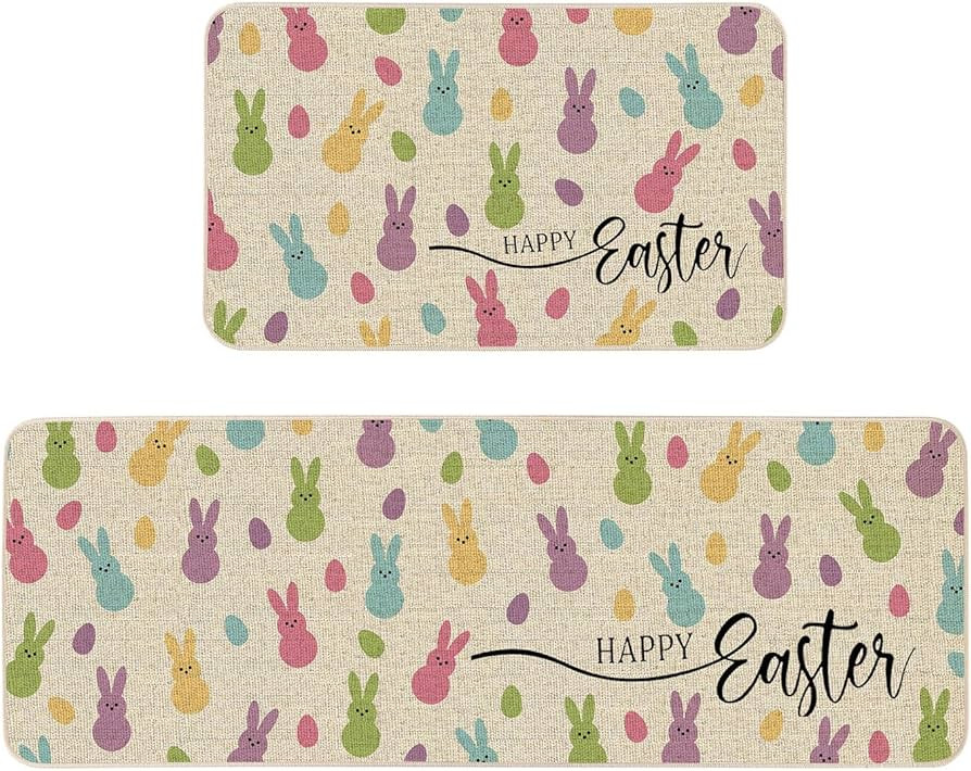 Colorful Bunny Rabbit Happy Easter Kitchen Rugs Set of 2, Spring Party Peeps Easter Decor Low-Pro... | Amazon (US)