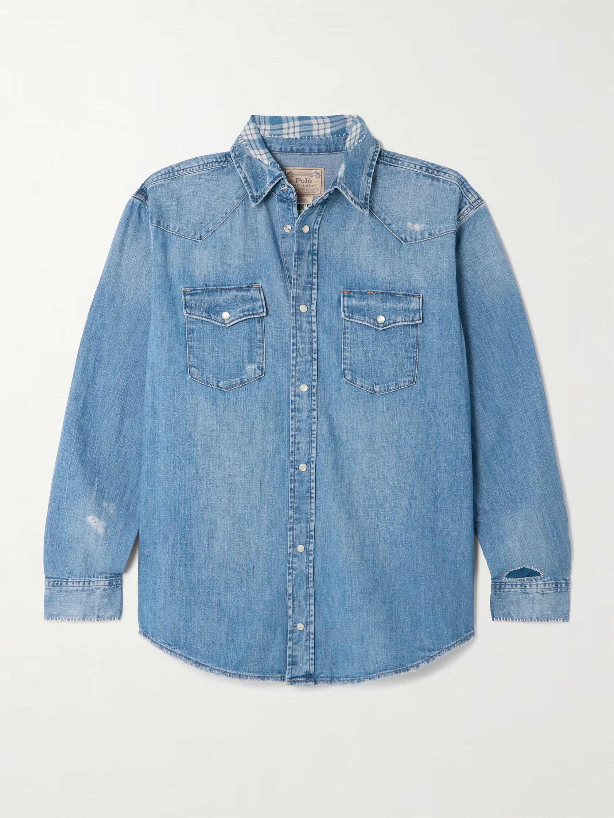 Flannel-trimmed checked distressed denim shirt | NET-A-PORTER (US)