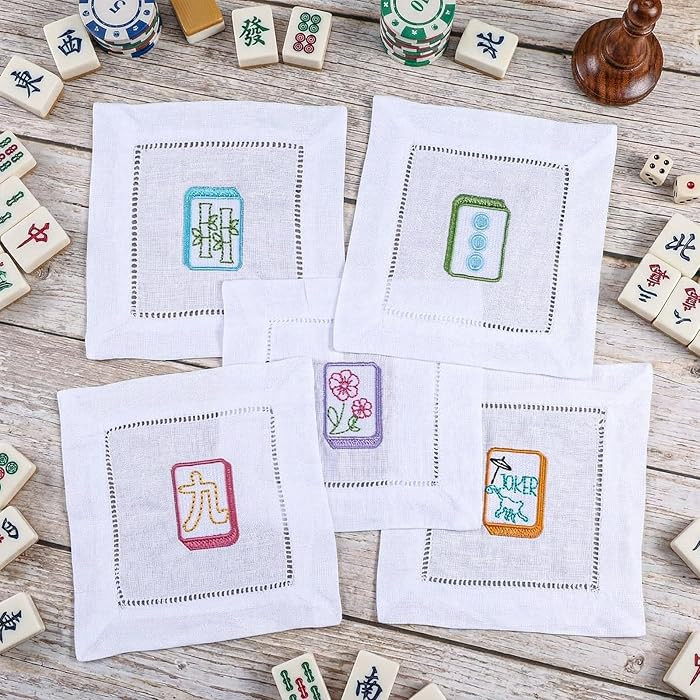 5 Pcs Embroidered Mahjong Cocktail Napkins Coasters Square 6" Reusable Washable Linen Hemstitch C... | Amazon (US)
