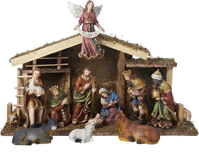 Kurt Adler 12-Piece Wooden Stable Nativity Set, Brown | Amazon (US)