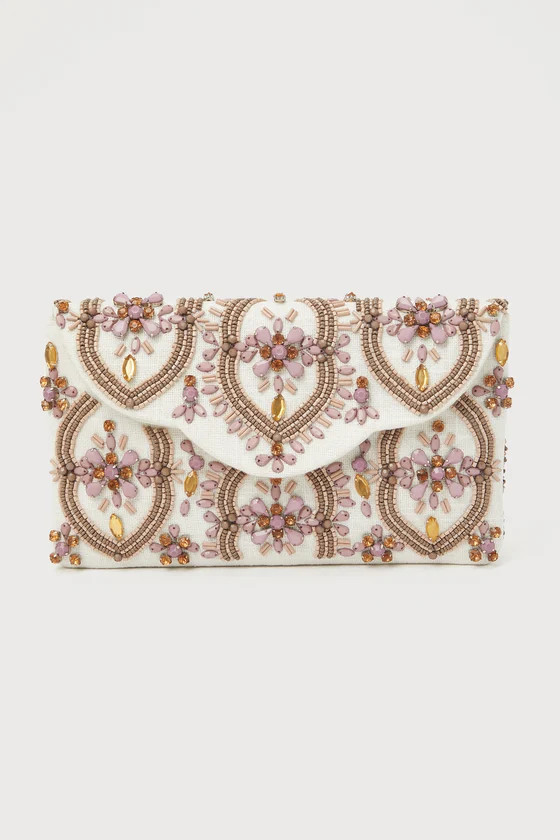 Unrivaled Aesthetic Ivory and Mauve Rhinestone Beaded Clutch | Lulus