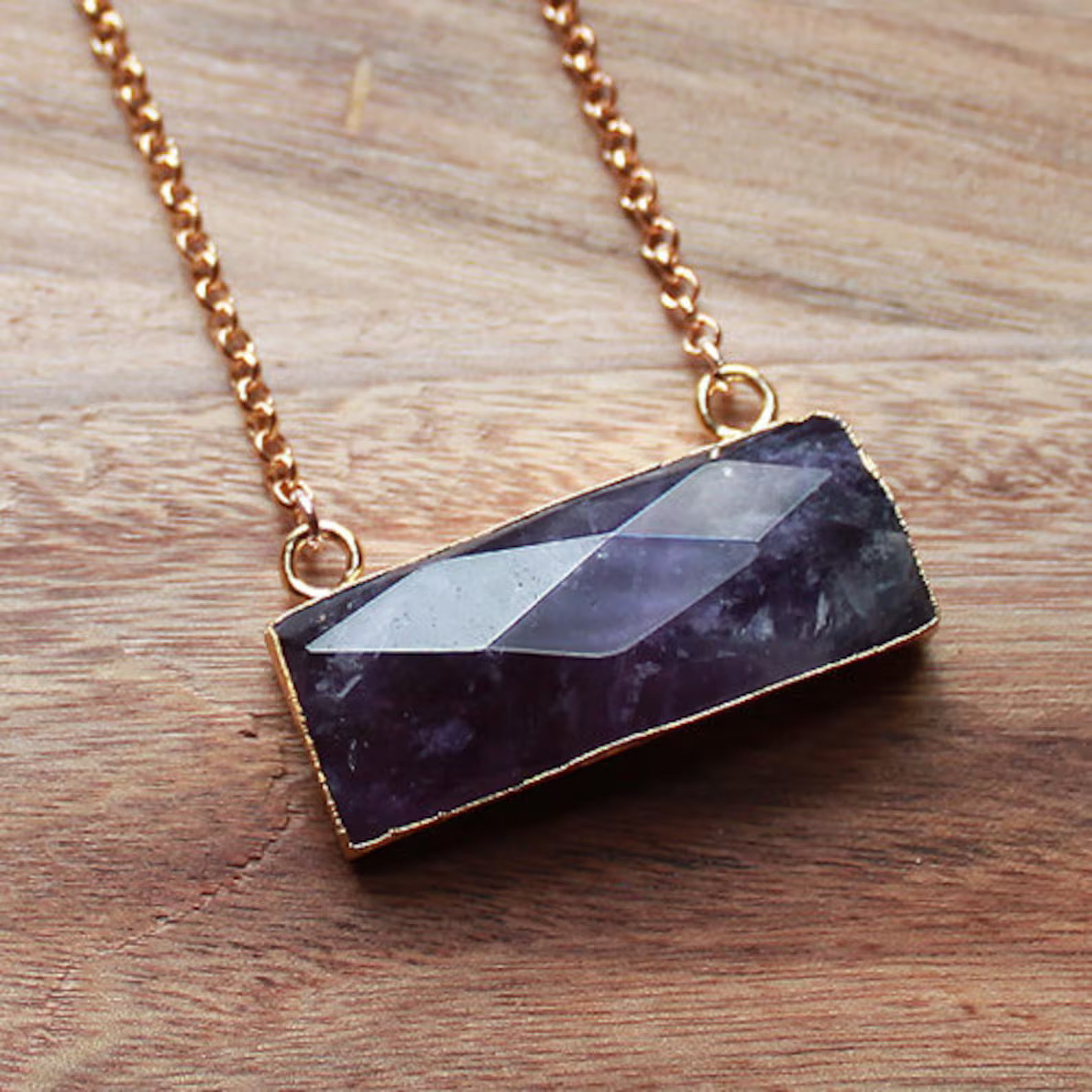 MULTI STONES: Gold Edged Semi Precious Rectangle Bar Natural Stone Pendant - Jade, Amethyst, Lemo... | Etsy (US)