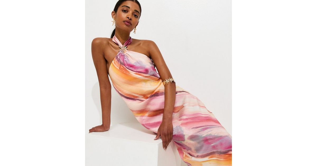 Women's Pink Diagonal Blurry Stripe Halterneck Midi Dress New Look | New Look (UK)