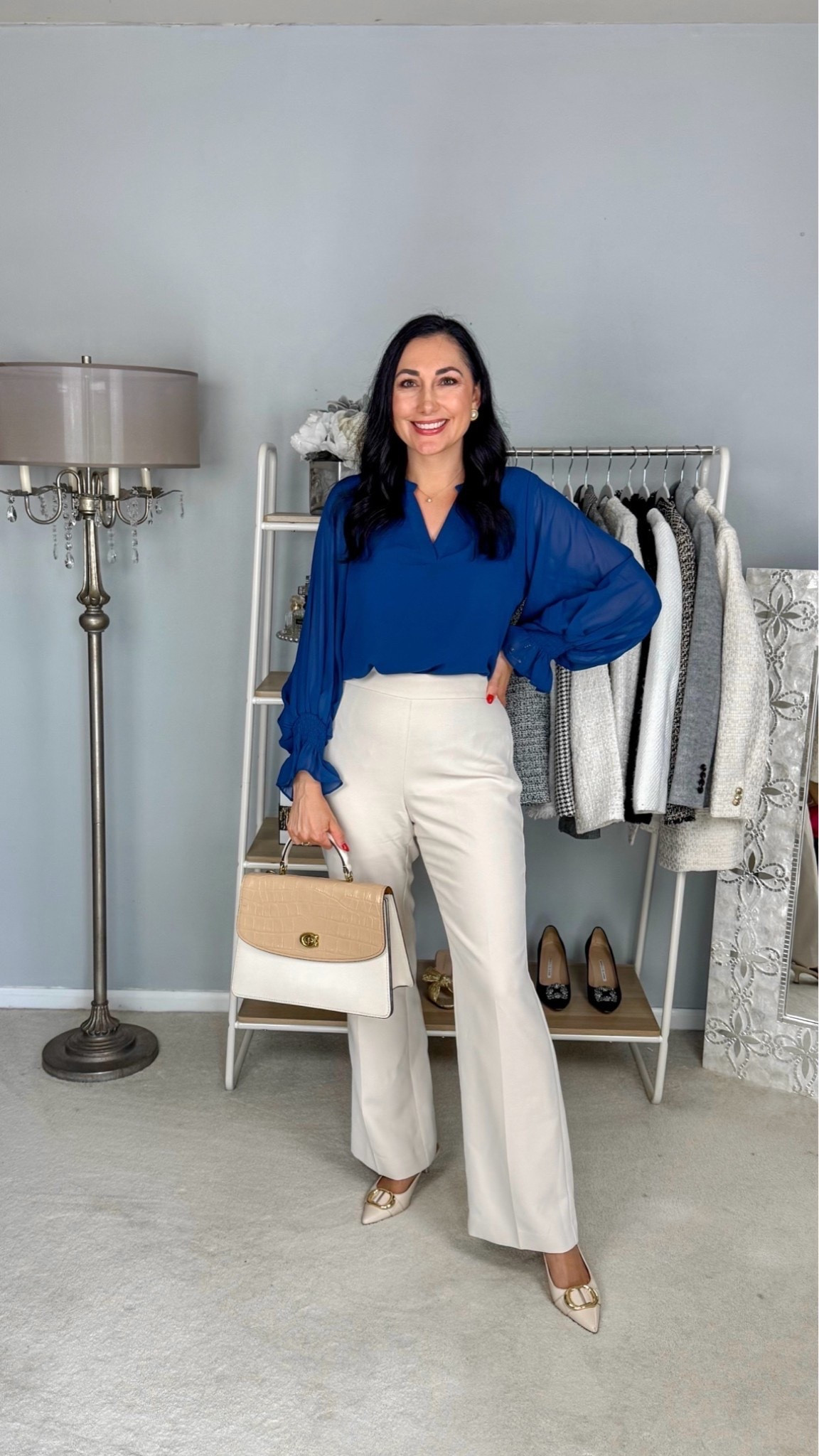 Classy business professional work outfit 💙🤍

Cobalt blue blouse size small, TTS
Ivory pants size 4 curvy, TTS
Ivory sling backs 

Nordstrom anniversary sale 
NSALE 
Office outfit 
Work wear 
Interview outfit

#LTKSaleAlert #LTKWorkwear #LTKSeasonal