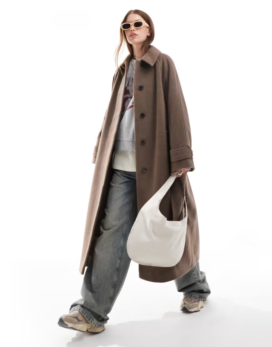 ASOS DESIGN brushed formal top collar longline coat in mushroom-Brown | ASOS (Global)