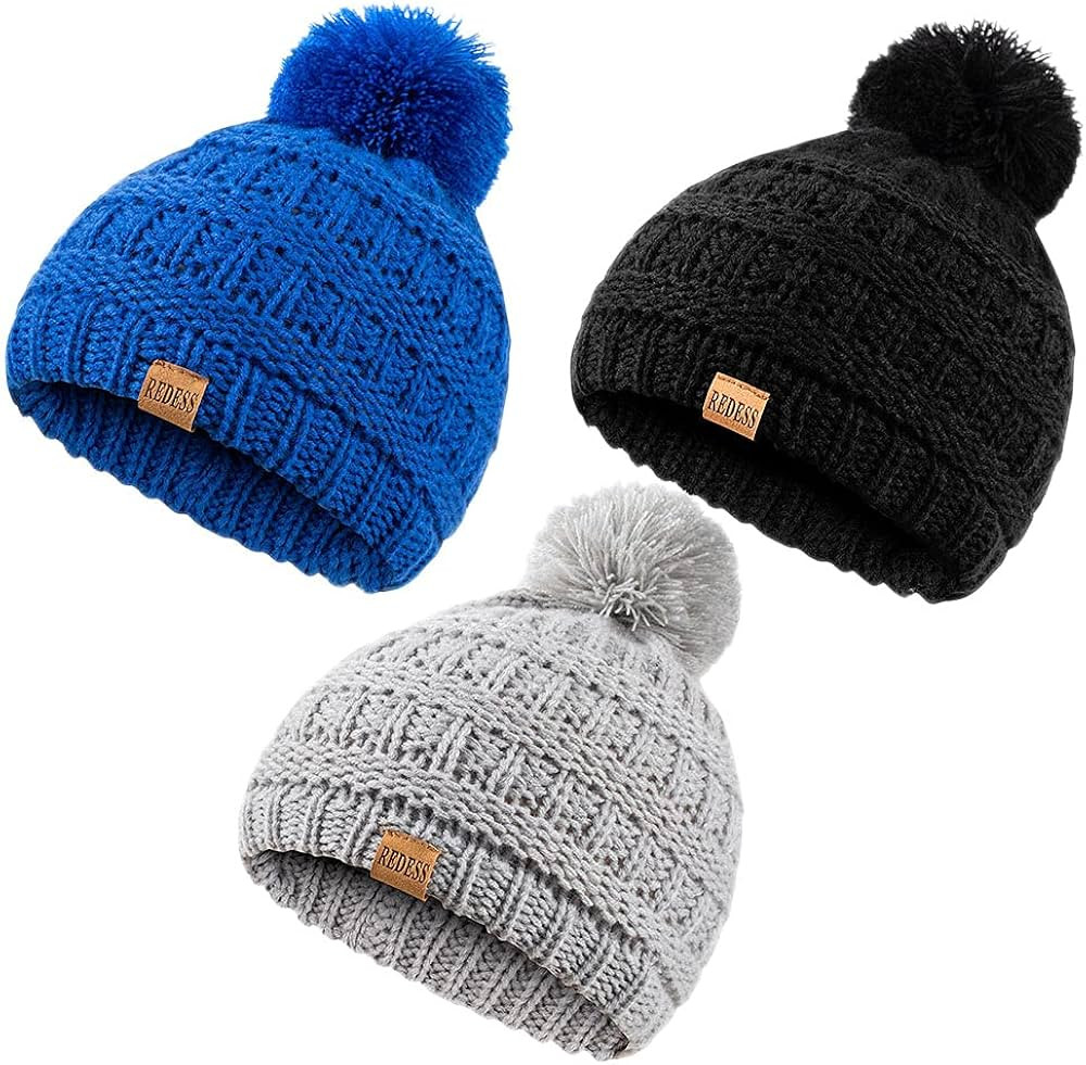 REDESS Baby Kids Winter Warm Hats, Infant Toddler Children Pom Pom Beanie Knit Cap Girls Boys | Amazon (US)