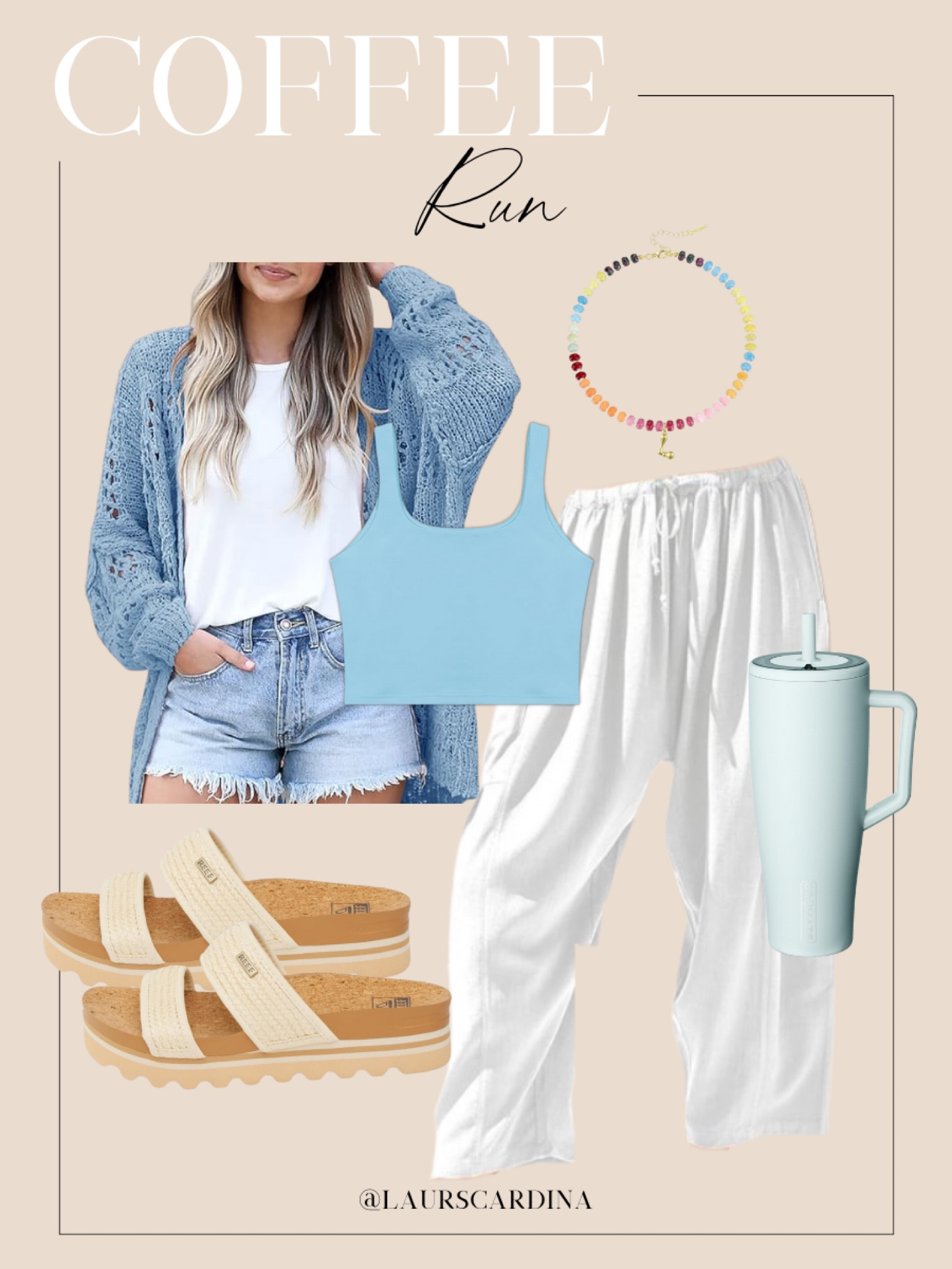 This coffee run fit includes a white cropped tank paired with white wide-leg drawstring pants, a blue cardigan sweater, coordinating insulated tumbler, colorful beaded initial necklace, and Reef sandals.

ootd, summer outfit, casual outfit idea, amazon outfitt

#LTKFindsUnder50 #LTKShoeCrush #LTKStyleTip