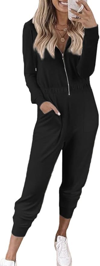 PRETTYGARDEN Women's Casual Long Sleeve Zip-up Hoodie Jumpsuits One Piece Sleepwear Outfit Romper... | Amazon (US)