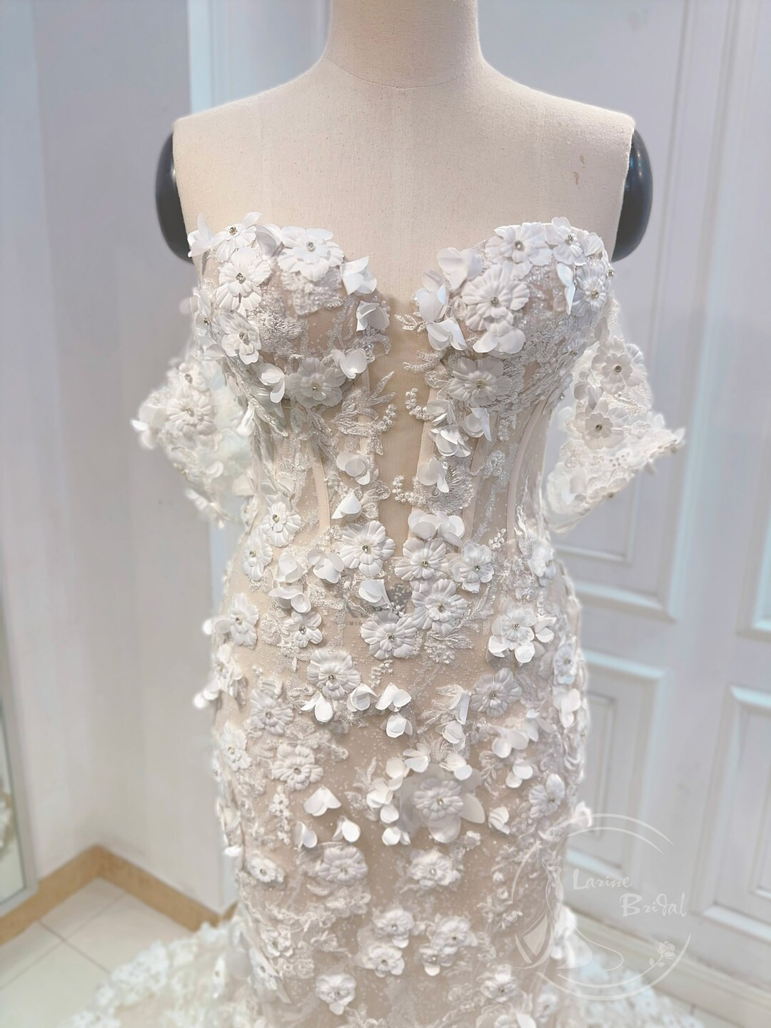 3d Floral Lace Mermaid Wedding Dress. Elegant Off-shoulder Wedding Dress. Wedding Dress With Thig... | Etsy (US)