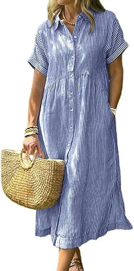 chouyatou Women's Summer Striped Midi Long Shirt Dress Casual Loose Short Sleeve Button Down Dres... | Amazon (US)