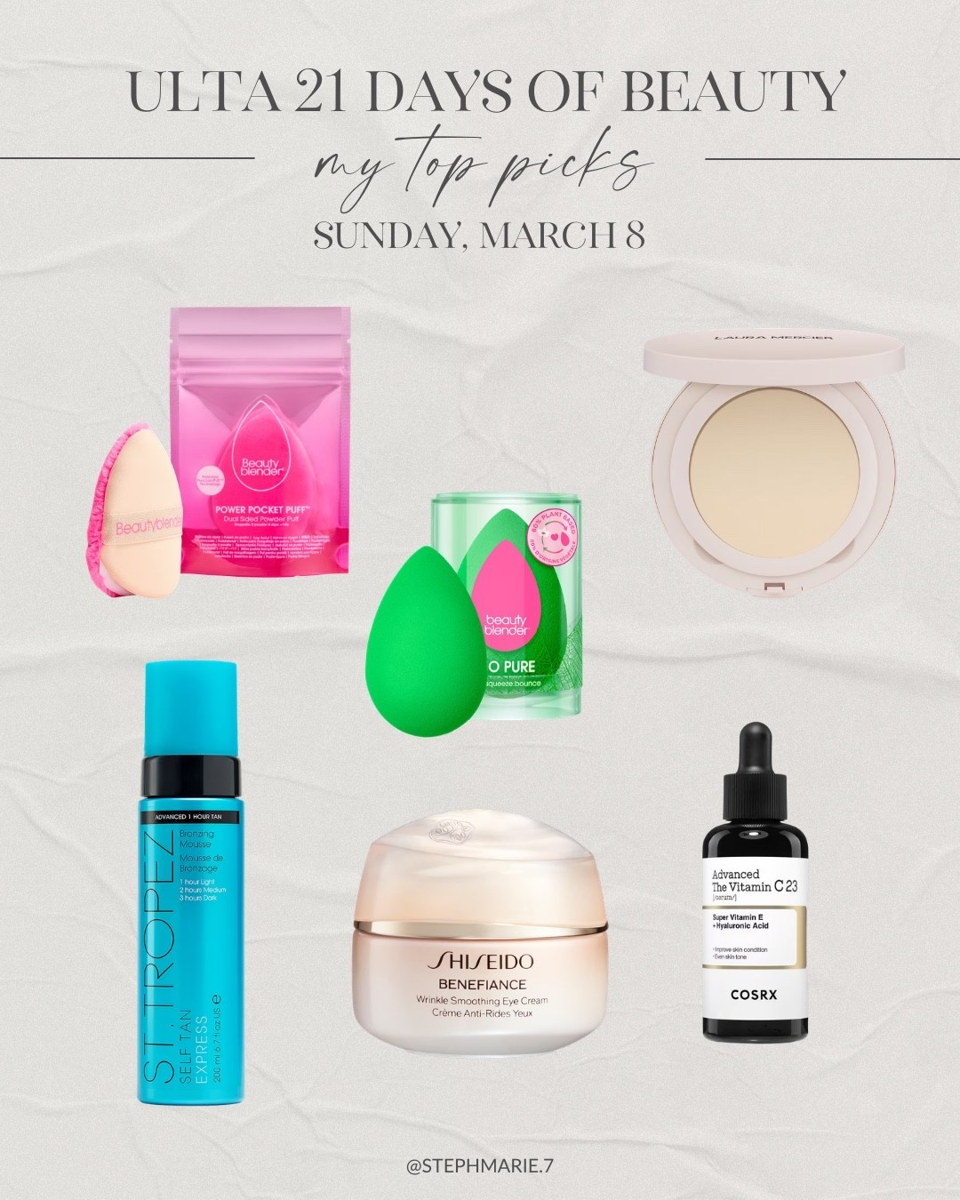 ULTA 21 DAYS OF BEAUTY ✨

My top picks today include a favorite pressed setting powder, eye cream, an at-home self tanner, vitamin c serum, and makeup applicators!

#LTKSaleAlert #LTKBeauty #LTKOver40