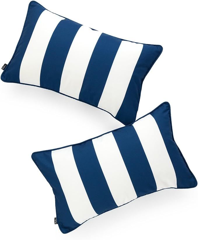 Decorative Lumbar Pillow Cover ONLY Indoor Outdoor Water Resistant Canvas Navy Blue Stripes 12"x2... | Amazon (US)