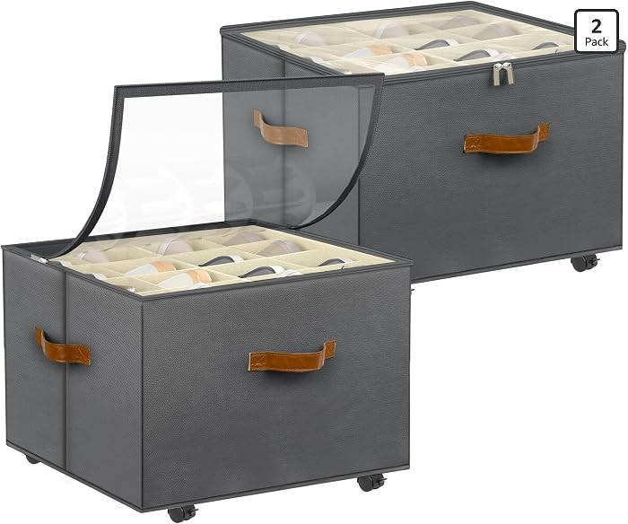 Shoe Organizer for Closet, 2 Pack Shoe Storage Organizer with Wheels and Adjustable Dividers, Sta... | Amazon (US)