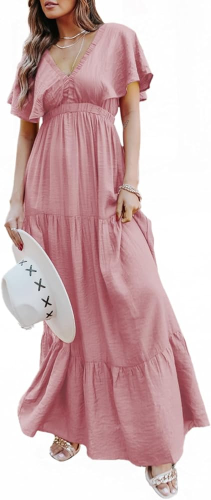 Amegoya Women's Casual Short Sleeve V Neck Floral Maxi Dresses Boho Beach Photoshoot Flowy Ruffle... | Amazon (US)