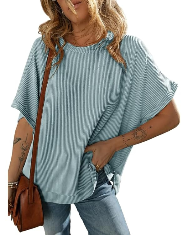 Dokotoo Women's Casual Oversized Short Sleeve Solid Color Loose Texture Knit Tunic Tops Blouses | Amazon (US)