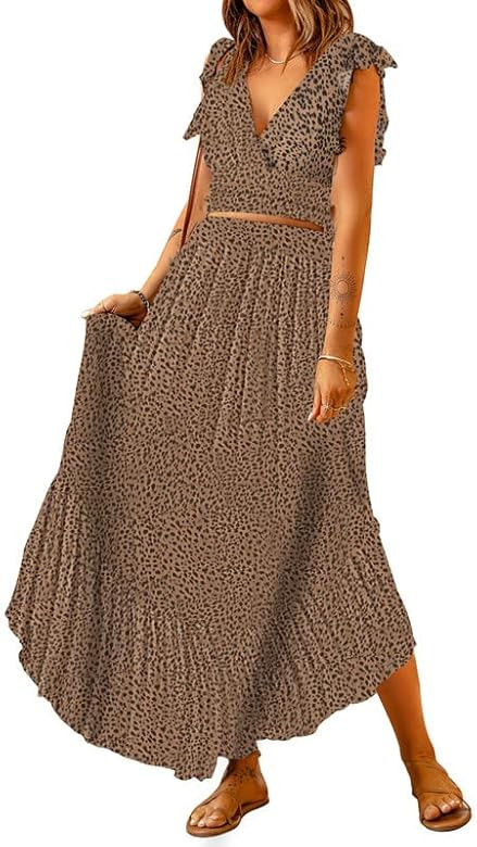 Dokotoo Women's Boho Dress Deep V Neck 2 Piece Skirt Sets Ruffle Cap Sleeve Tie Waist Wrap Chiffon F | Amazon (US)